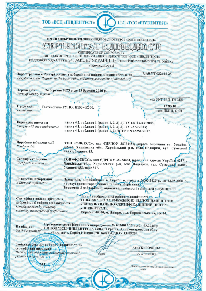 Сертификация геотекстиля РУНО: K100-K300 для дорожного строительства