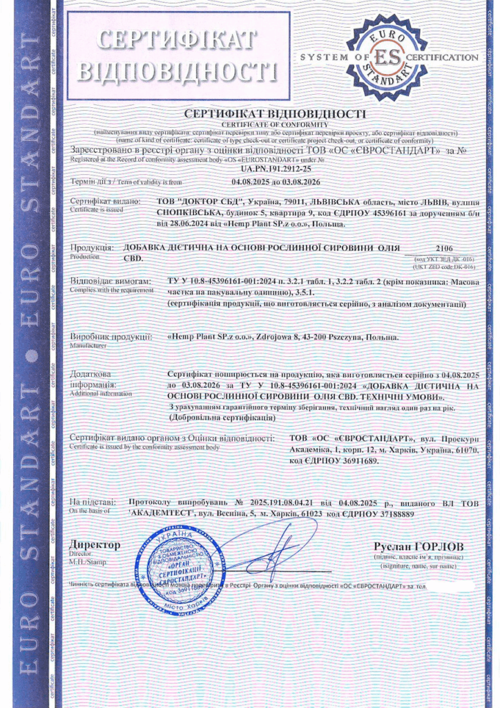 Сертификация диетической добавки на основе растительного сырья – масла CBD