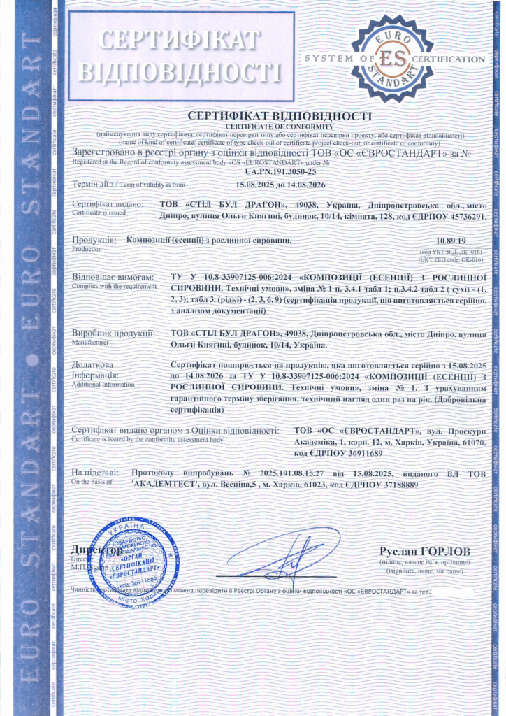 Сертификация композиций (эссенций) из растительного сырья для ООО «СТОЛ БУД ДРАКОН»