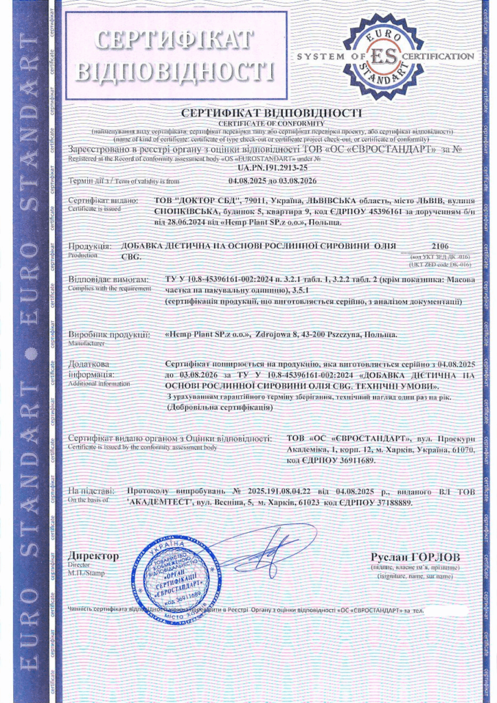 Сертификация диетической добавки на основе растительного сырья – масло CBG