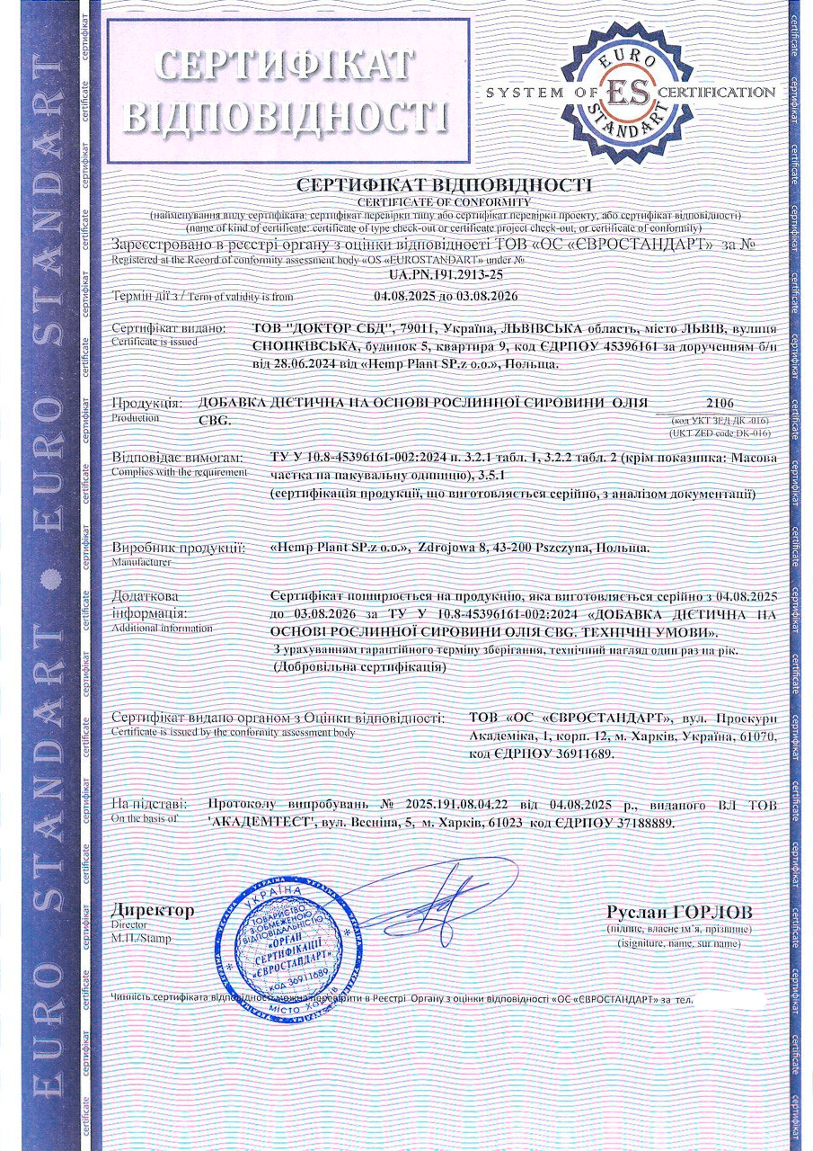 Сертифікація дієтичної добавки на основі рослинної сировини – олія CBG
