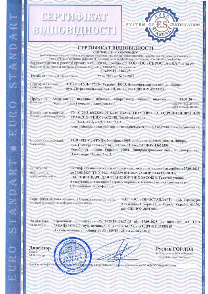 Сертификация амортизаторов и гидроцилиндров для транспортных средств
